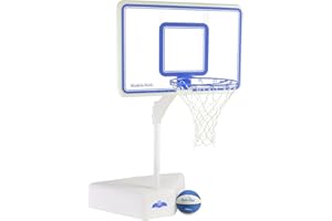 DUNNRITE Dunn-Rite Splash & Shoot Clear Outdoor Adjustable Height Swimming Pool Basketball Hoop w/Ball, Base, & 18 Inch Stainless Steel Rim, Blue