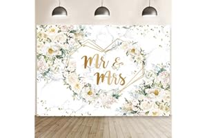 AIBIIN 7x5ft Mr and Mrs Floral Backdrop for Bridal Shower White Flowers Gold Dots Glitter Photography Background Hearts Geome