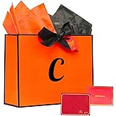 Personalized Initial Birthday Gift Bag for Women with Tissue Paper and Card,Thanksgiving Wedding Mom Men Paper Bag with Bow Ribbon Monogram Bridal Party Favor Anniversary Bag(Orange Black,Letter C)