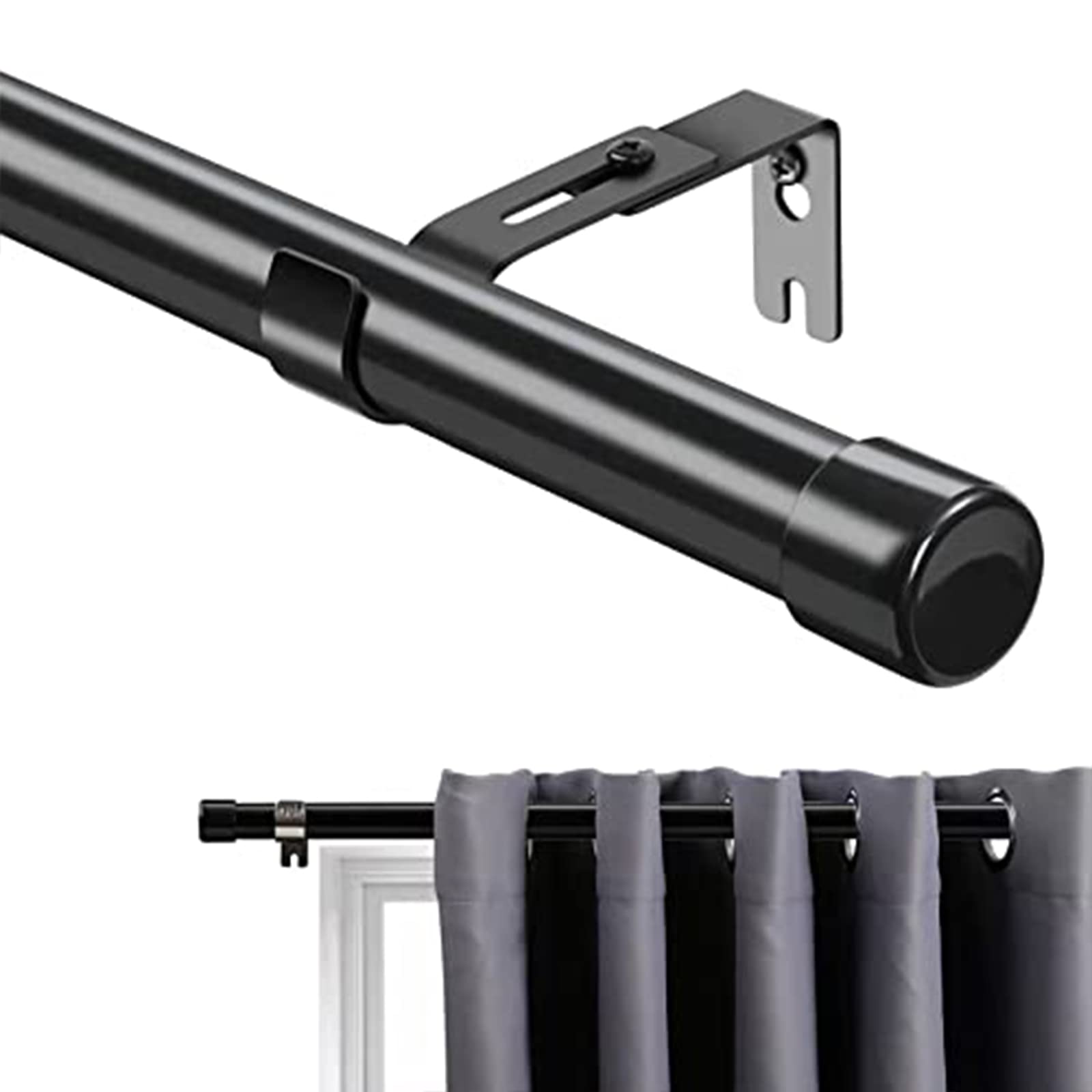 Curtain Pole for Windows, 76-365 cm Curtain Pole in Stainless Steel with Adjustable Brackets Fittings Set Window Poles, Modern Design, for Room Divider, Bedroom, Living Room, Bathroom (Black)