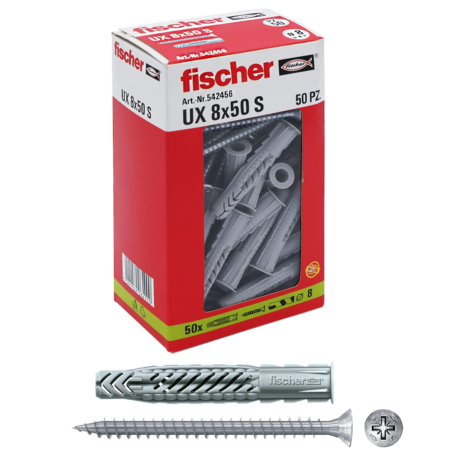 Fischer 50 x UX Dowels with Screw for Solid Wall, Perforated Brick, Drywall, 542456, Grey, 8 x 50 mm with Screw