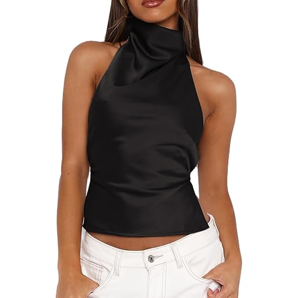 MakeMeChic Women's Satin Silk Backless Halter Tops High Neck