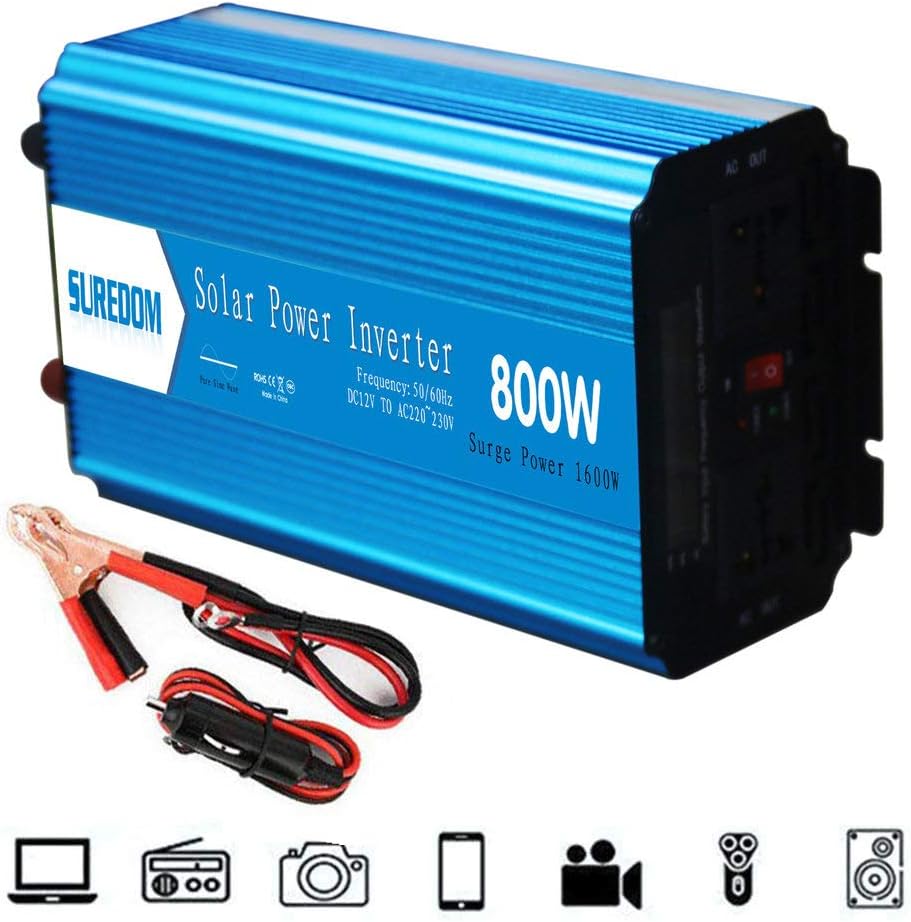 NBQABN 800W Pure Sine Wave Inverter (Peak 1600W), Power Converter 12V 24V to 110V/220V/230V Power Inverter for Car, with AC Outlets,Car Household Power Emergency Power Supply,12vTo220v