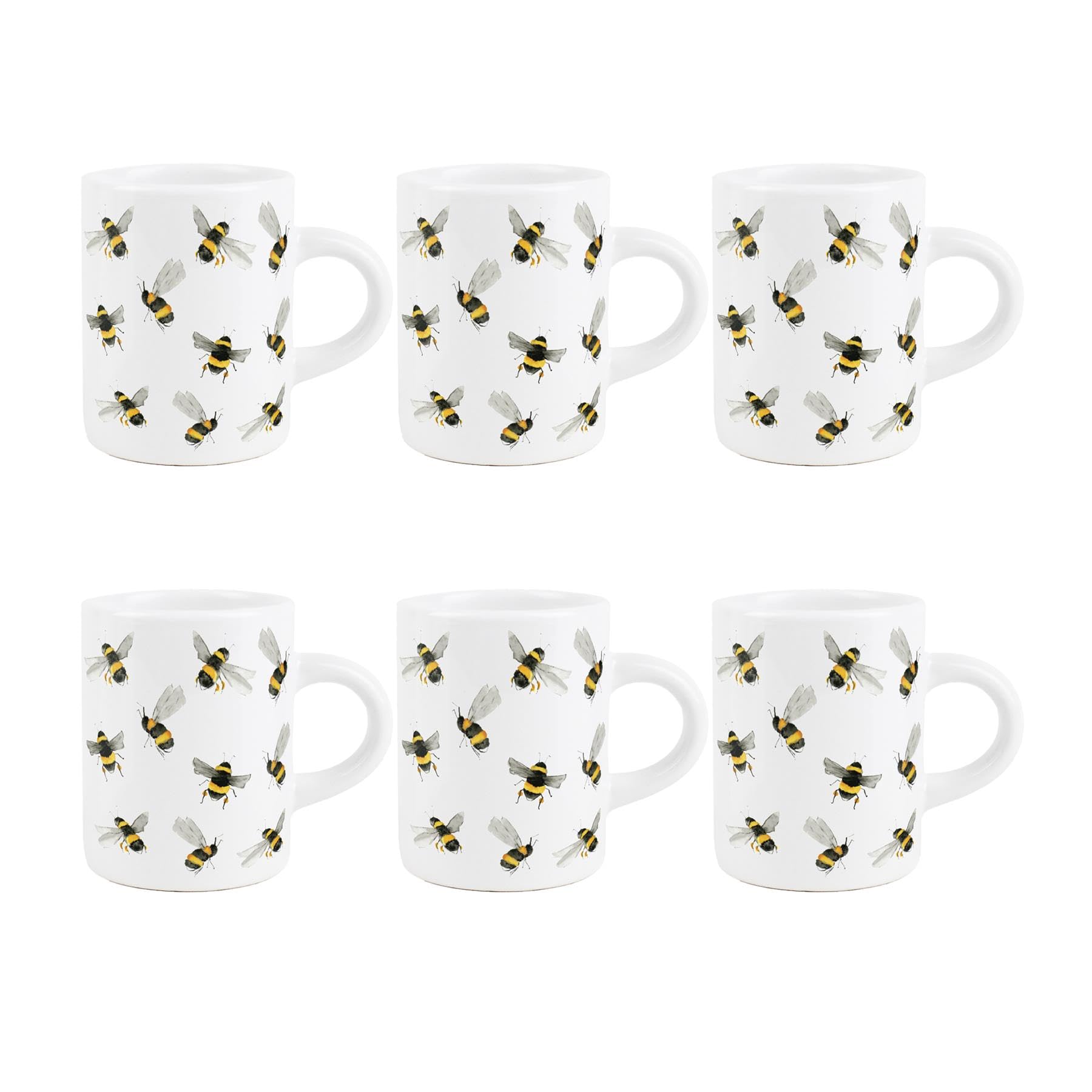 Purely Home Bee Espresso Cups - Scattered Bumblebees - Small Mini White Ceramic Coffee Shot Mugs Set of 6