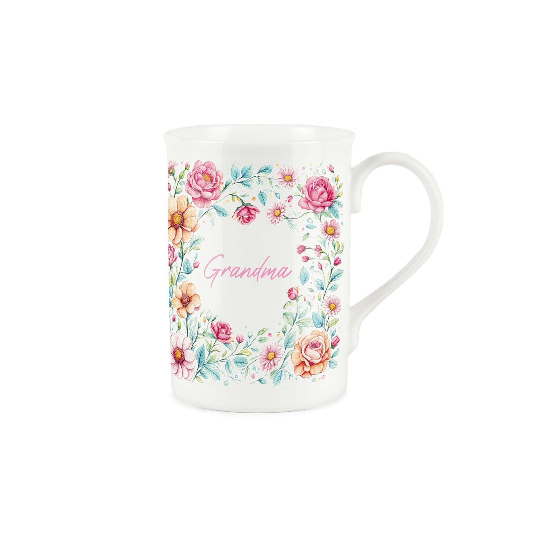 Purely Home Floral Grandma Mug - Pink Flowers Mothers Day Present - Bone China Coffee/Tea Mug - Gifts for Grandmas