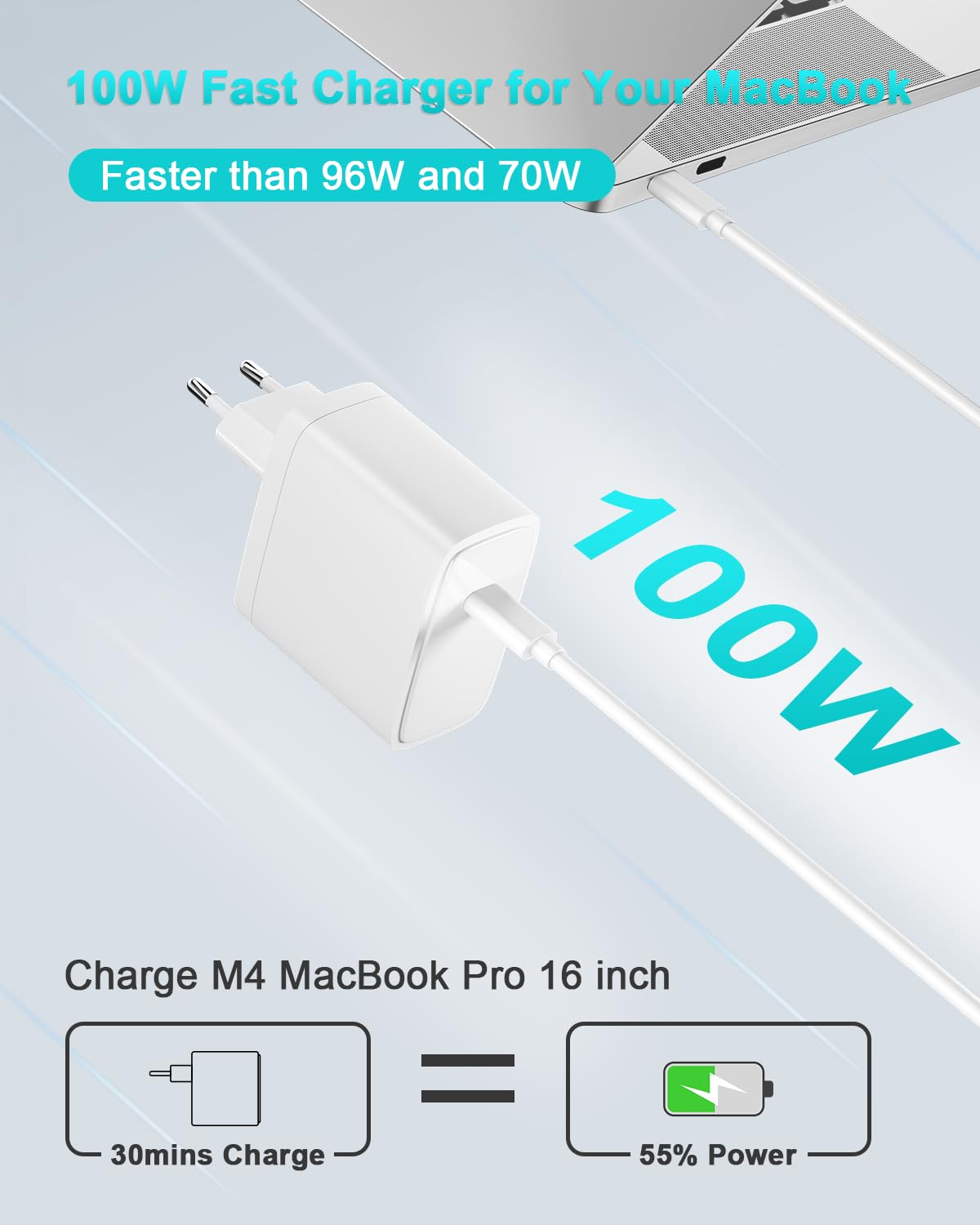 100W USB C Ladegerät Kompatibel mit MacBook Pro 16 14 Zoll MacBook Air 15 13 Zoll 2025 2024 2023 2022 2021 2020 2019 2018 M4 M3 M2 M1, 2M 5A USB-C Ladekabel (White) 2