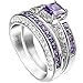 Women 2 PCS 925 Sterling Silver Plated Princess Cut Purple Amethyst Diamond CZ Engagement Wedding Ring Set