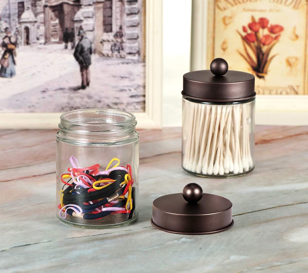 Apothecary Jars Bathroom Storage Organizer - Cute Qtip Dispenser Holder Vanity Canister Jar Glass with Lid for Cotton Swabs,Rounds,Bath Salts,Makeup Sponges,Hair Accessories/Bronze (2 Pack): Home & Kitchen