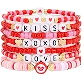 COLORFUL BLING Holiday Surfer Heishi Valentine's Day Bracelets Love Heart Charm Bracelet Cute Pink Red Stackable Clay Beaded Stretch Bracelets for Women Valentines Accessories Jewelry
