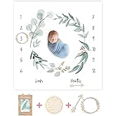Organic Baby Monthly Milestone Blanket Newborn Boy Girl Unisex Gender Neutral| Green Leaf Wreath Eucalyptus Baby Nursery Month Picture Blanket| Growth Photography Background Prop|Birth Announcement