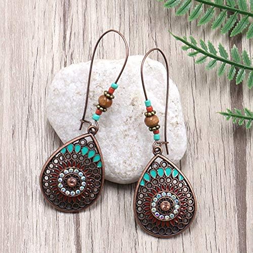 Lovely Girl Daily Makeup Women Vintage Ethnic Style Earrings Bohemian Ear Stud Gift Bohemia Hollow Water Drop Shape Dangle Beaded Hook Earrings Women Party Jewelry - Antique Bronze 15