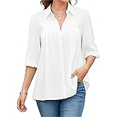 Women's 100% Cotton Button Shirt Casual V Neck Puff Sleeve Blouse Tops for Daily & Office Wear