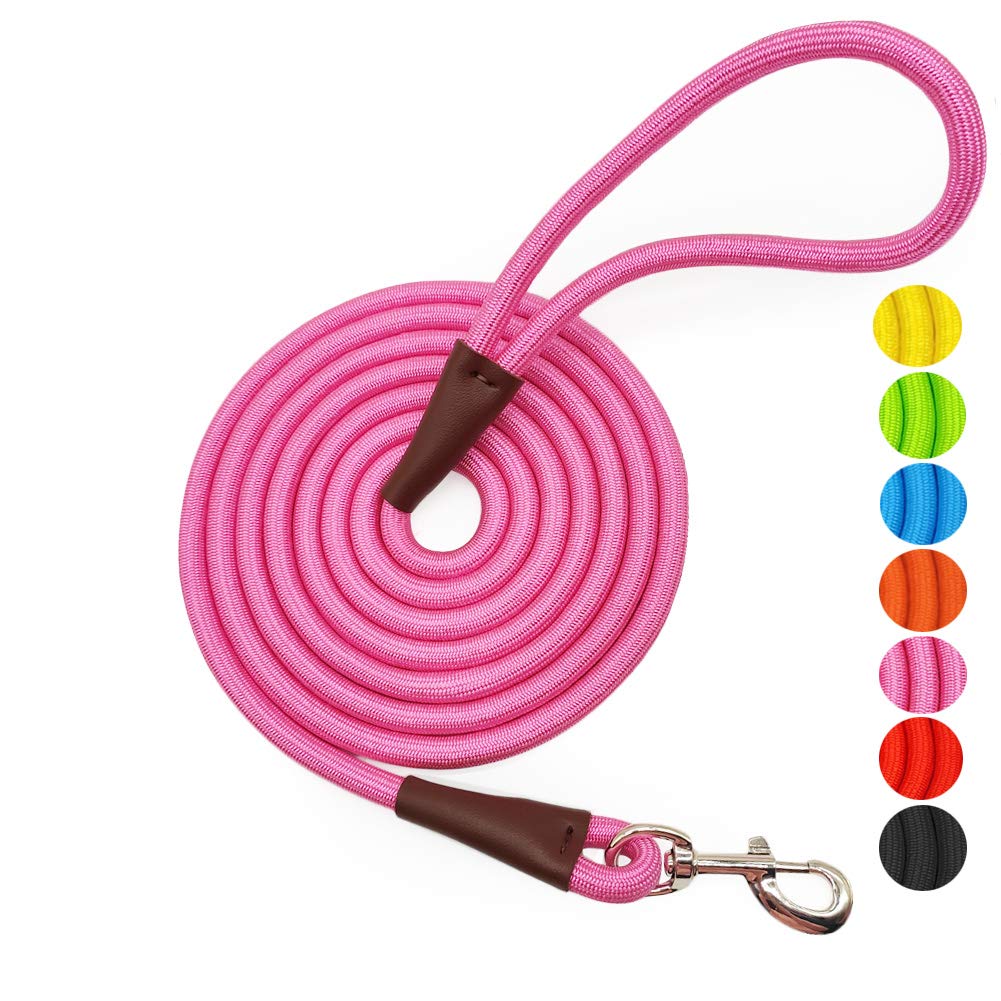 MayPaw 4FT/6FT/8FT/10FT Dog Lead, Classic Solid Colors, Strong Nylon Rope Dog Leash Reinforced with Leather Tailor Connection Heavy Duty Silver Clasp (10 ft*1/2", Pink)