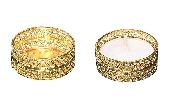RBY Metal Diya with Candle in Golden Colour/Tealight Candle Holder for Diwali/Puja/Festivals/Home Décor (Set of 10)