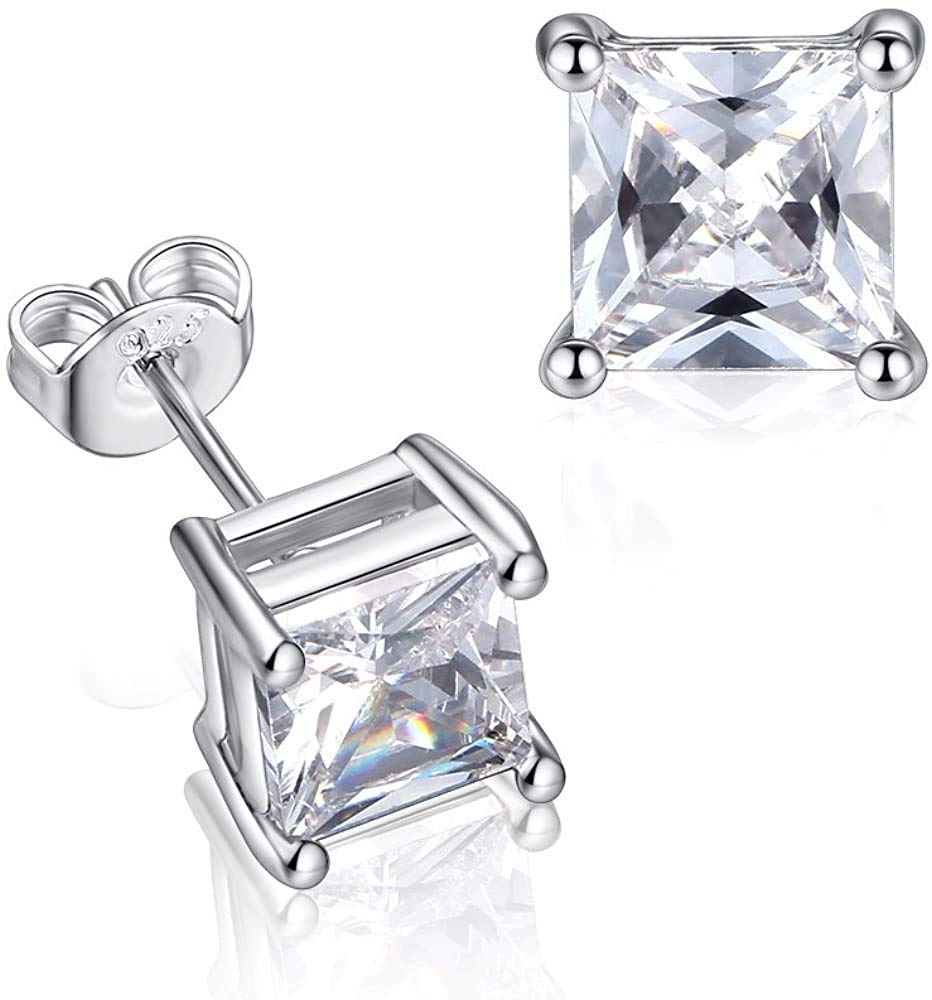 Gulicx 5mm 925 Sterling Sliver Stud Earring for Women, 14K White Gold Plated Square CZ Cubic Zirconia Simulated Diamond Sparkly Unisex Cartilage Stud Earrings, Gift for Women Men Girls Teens
