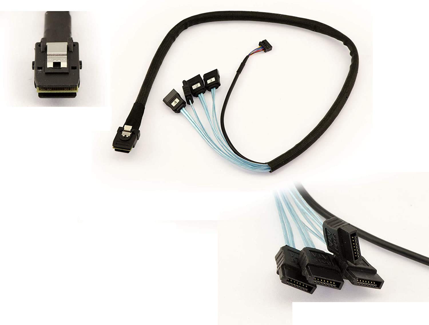 KALEA-INFORMATIQUE SFF-8087 SAS MiniSAS cable to 4 SATA connectors and SIDEBAND link. Length 60cm, SFF8087 26-pin internal Mini-SAS and 7-pin SATA