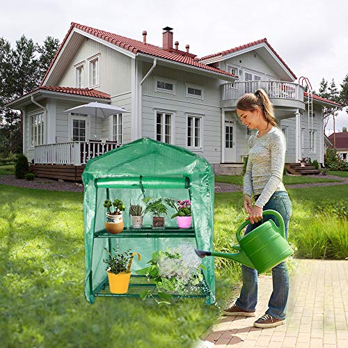 BeGrit 2 Tier Mini Greenhouse with Shelves & Cover Portable Compact Garden Growhouse Sturdy Steel Frame Flower Shelter with Reinforced PE Cover & Tie Wraps (H93cm x W49cm x L72cm)