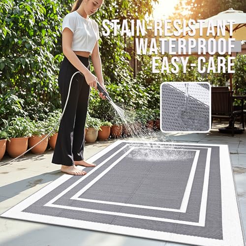 Homaxy Waterproof Outdoor Rug, Anti-slip Reversible UV Resistant Garden Rugs, Easy Cleaning Carpet for Camping, Patio, Beach, Picnic, Backyard - 120 x 180 cm, Grey & White