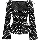 GORGLITTER Women's Polka Dots Top Blouse Bow Long Sleeve Boat Neck Smocked Waist Vintage Peplum Shirt