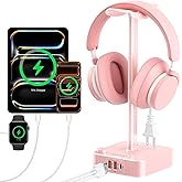 Pink Headphone Stand with USB Charger, Gaming Headset Holder with 3 USB Ports & 2 AC Outlets, PD Fast Charging & QC3.0, Desk Organizer for Girls, Gifts for Her,Girlfriend,Teen, Pink Gaming Accessories