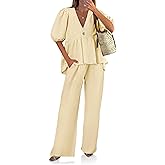 Tankaneo Womens 2 Piece Linen Sets Summer Vacation Outfits V Neck Puff Sleeve Babydoll Tops Wide Leg Pants Matching Sets