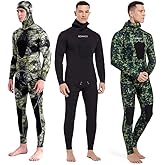 DEMMET 3mm Neoprene Spearfishing Wetsuit with Hooded, 2-Pieces Long Sleeve Camouflage Hunting Diving Suit with Chest Pad for Cool Water Snorkeling Freediving