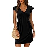 Dokotoo Women's Summer Dresses Beach 2026 Casual Deep V Neck Loose Sundress Ruffle Sleeve Mini Dress