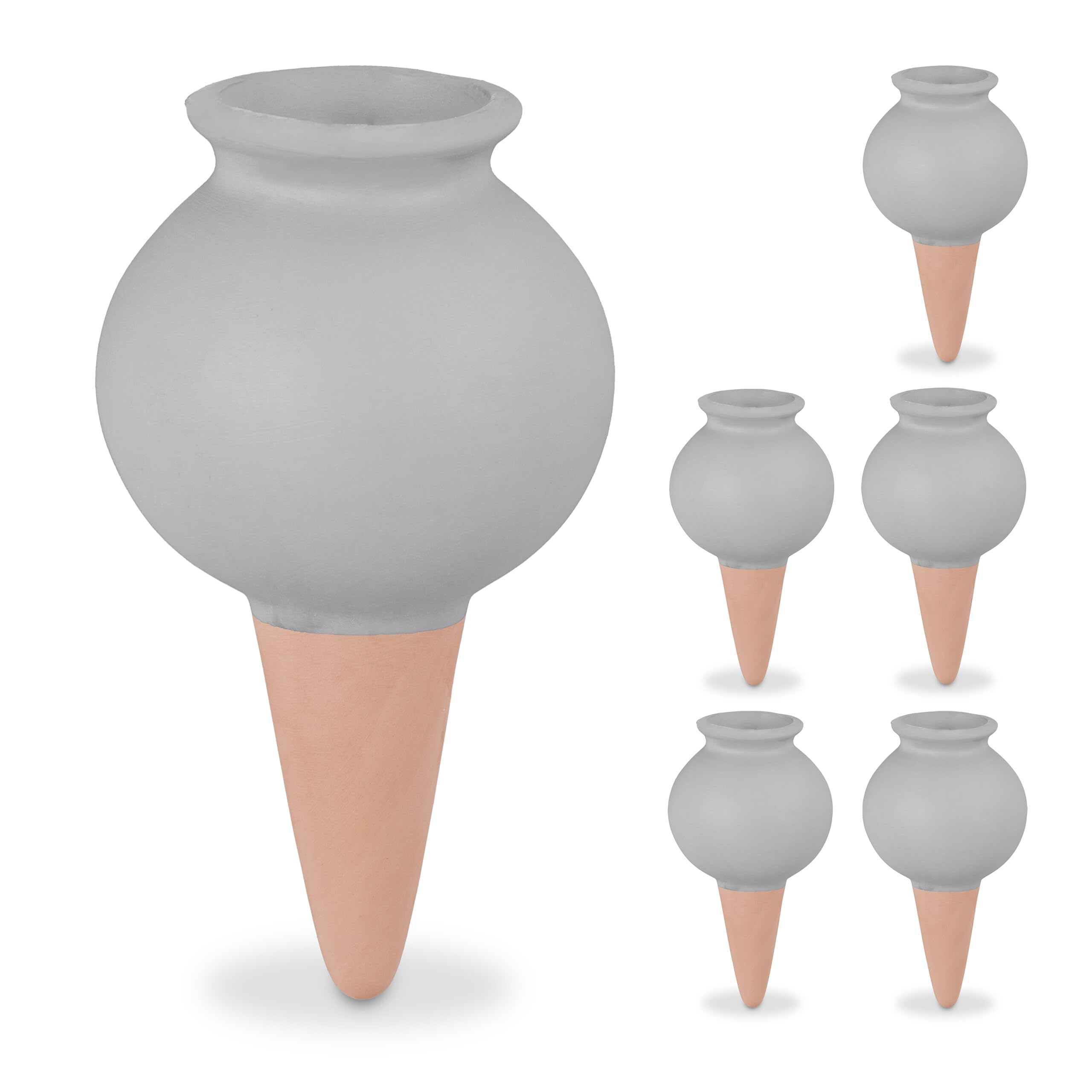 Relaxdays Watering Cones, Set of 6, Fill Up with Water, Round Design, Clay, Irrigation for Houseplants, Terracotta/Grey
