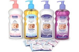 SUPERPHARM Dr. Fischer Baby Bath Wash, Shampoo, Bedtime Bath Wash, Bedtime Shampoo, Cleansing Wipes Baby Bath Set - Baby Essentials for Newborn Boys & Girls, Made for Delicate Skin - Day & Night Newborn Bath Set