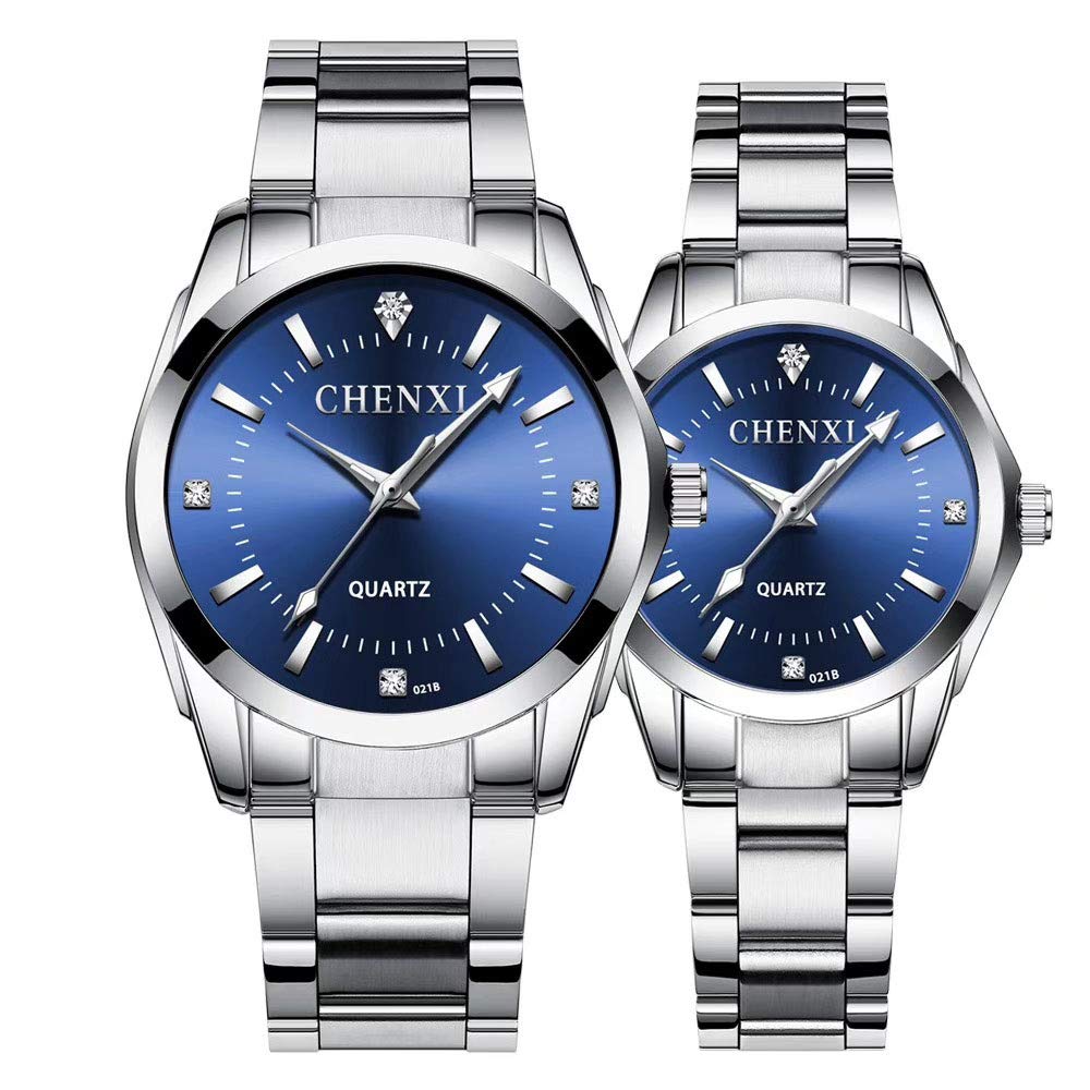 MASTOP Couple Watches Classic Golden Stainless Steel Watch His and Hers Waterproof Quartz Watch…, Blue, Quartz Watch