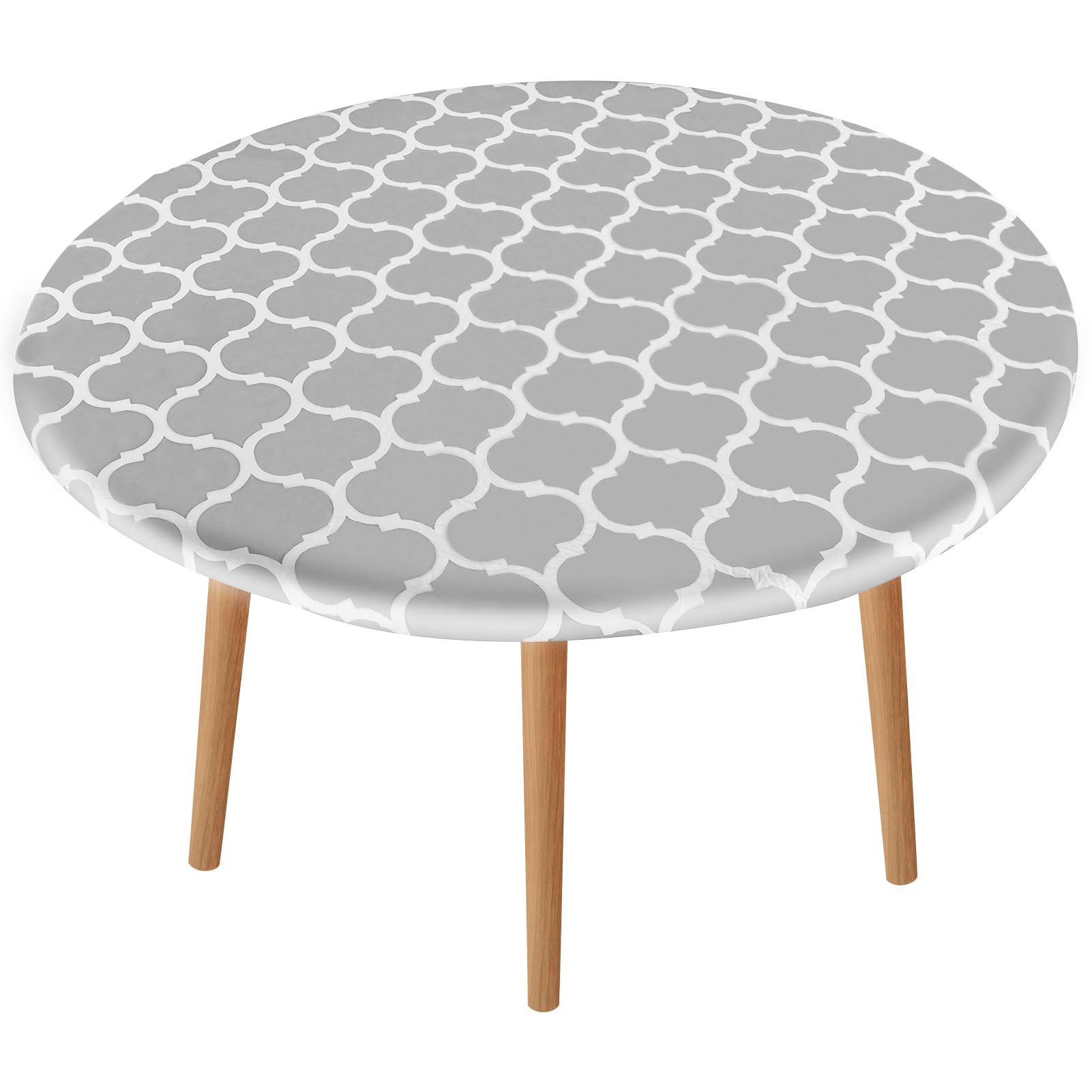HXMJIED Elastic Edged Vinyl Fitted Round Table Cover - Grey Stripe, 90-110CM, Flannel Backed, Waterproof and Oil-Proof, Pattern, Wipeable