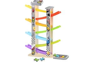 RANQIBO Wooden Race Track Car Ramp Toy, Montessori Car Ramp Set with 7 Mini Cars, 7 Ramps, Parking Lots – Educational Gift for Boys & Girls 3+Years Toys