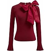 CHICWISH Women Bow Tied Long Sleeve Knit Top Mock Neck Slim Fitted Elegant Blouses Top Solid Wrap Pullover Tops
