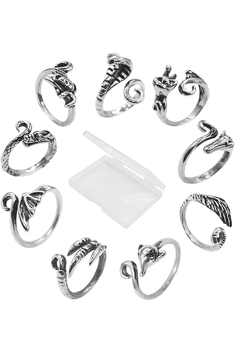 Pack De 7 Bagues Crochet Réglables - Motifs Rose Et Feuille De Lotus - Alliage Argenté