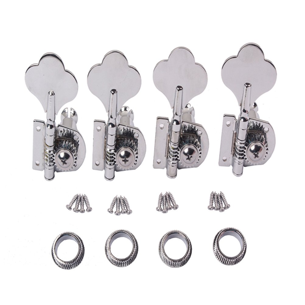 Healifty Chrome Semiclosed Style Bass Tuning Pegs Keys Tuner Machine Heads Vintage 4R Tuner Heads Set with Mounting Screws Ferrules for 4 String Bass Guitar (Silver)