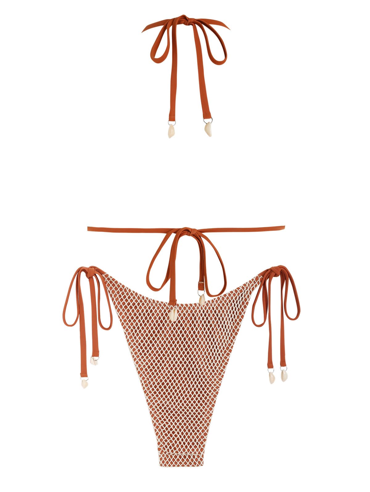 ZAFUL Women's Triangle Bikini Multiway Fishnet Tie Side Bandeau Halter String Bikini Set Two Piece Swimsuit Bathing Suits (1-Coffee, S) - Image 2