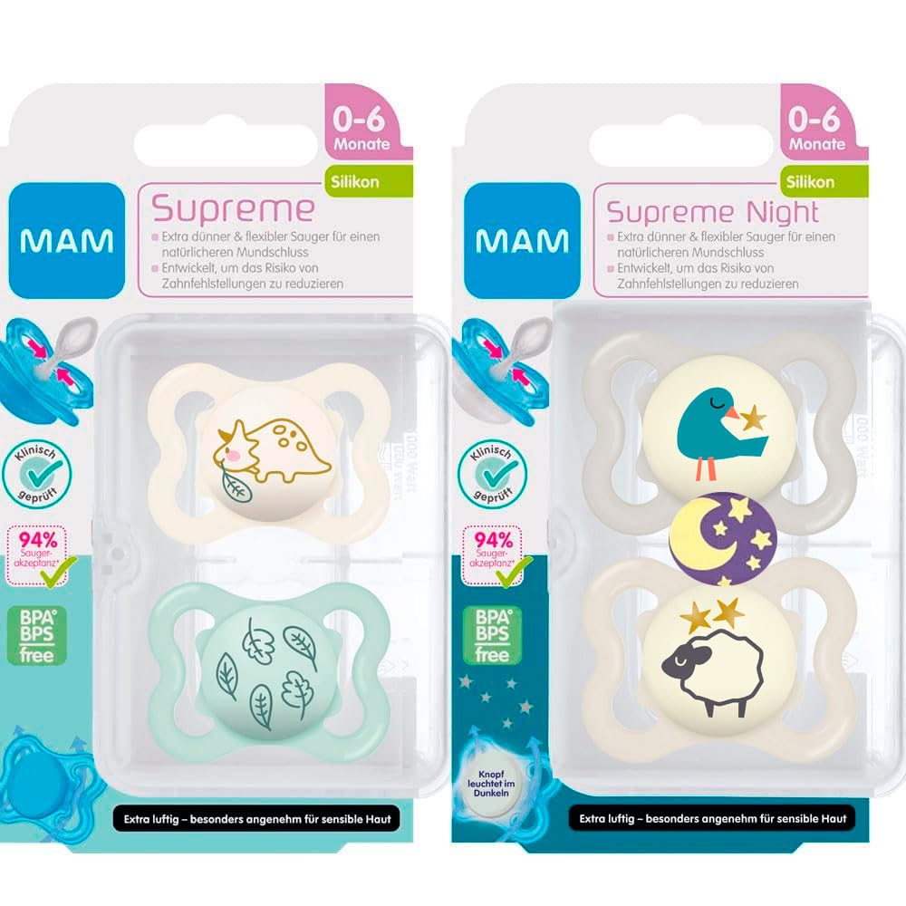 MAM Dental Dummy Supreme 0-6 Months, Pack of 4, Orthodontic Soother, Thin Teat, Skin-Friendly with Extra air Flow, incl. Travel case, Unisex