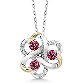 Gem Stone King 925 Silver and 10K Yellow Gold Round Pink Tourmaline and White Lab Grown Diamond 3-Stone Pendant Necklace For Women (0.80 Cttw, Gemstone October Birthstone, with 18 Inch Chain)