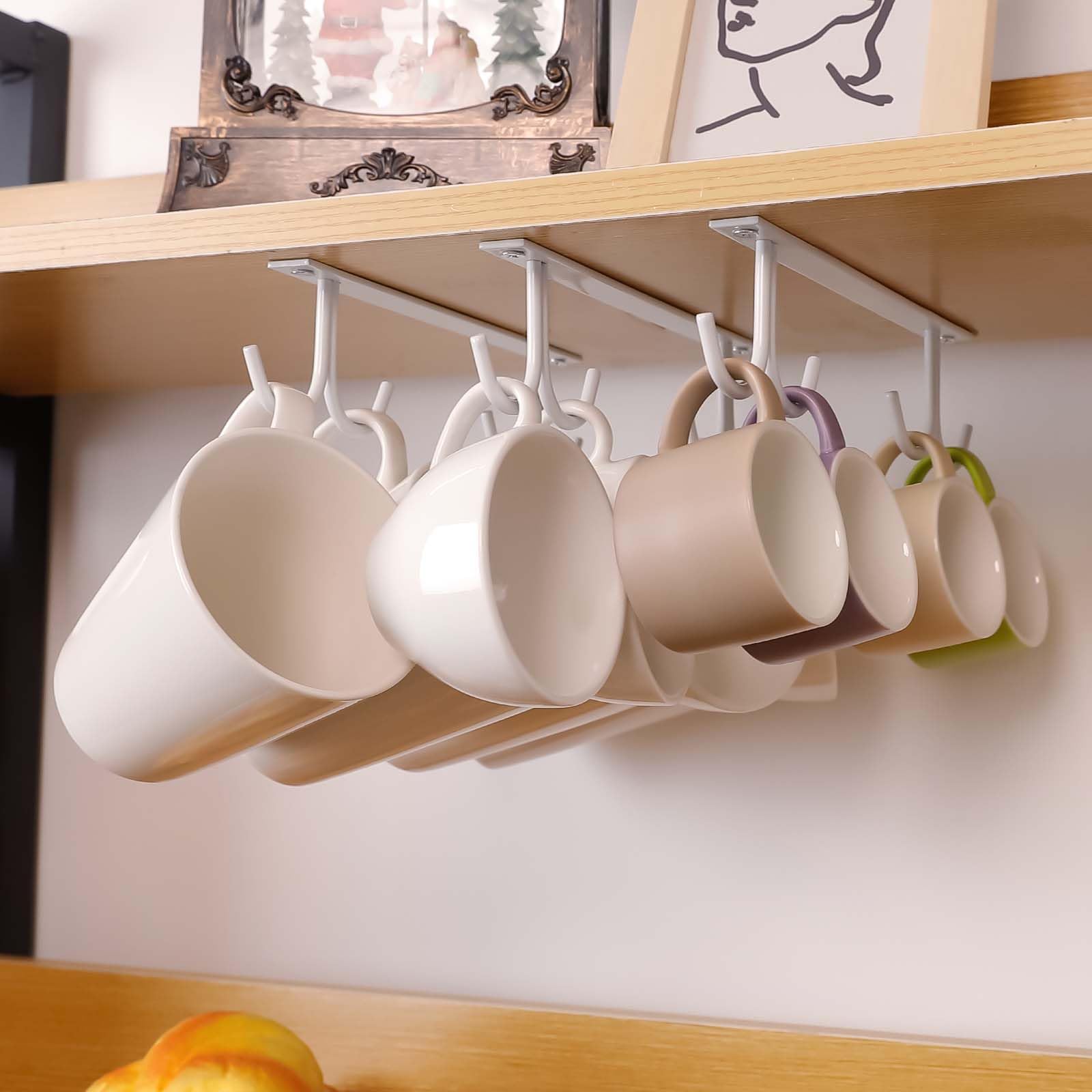 EigPluy Pack of 3 Cabinet Cup Holders, 12 Hooks, Hanging Coffee Cup/Mug Holder (White)