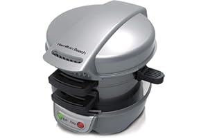 Hamilton Beach Breakfast Sandwich Maker with Egg Cooker Ring, Customize Ingredients, Perfect for English Muffins, Croissants, Mini Waffles, Perfect White Elephant Gifts, Silver (25475)