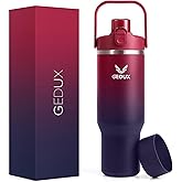 32 oz Stainless Steel Tumbler with Handle and Straw, Vacuum Insulated Water Bottle with 2-in-1 Lid (Chug/Straw) and Silicone Boot,Keeps Drinks Hot and Cold