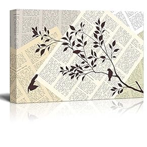 Canvas Wll Art - Brids and Abstract Tree Branches on Vintage Newspaper Background - Giclee Print and Stretched Ready to Hang - 12"x18"