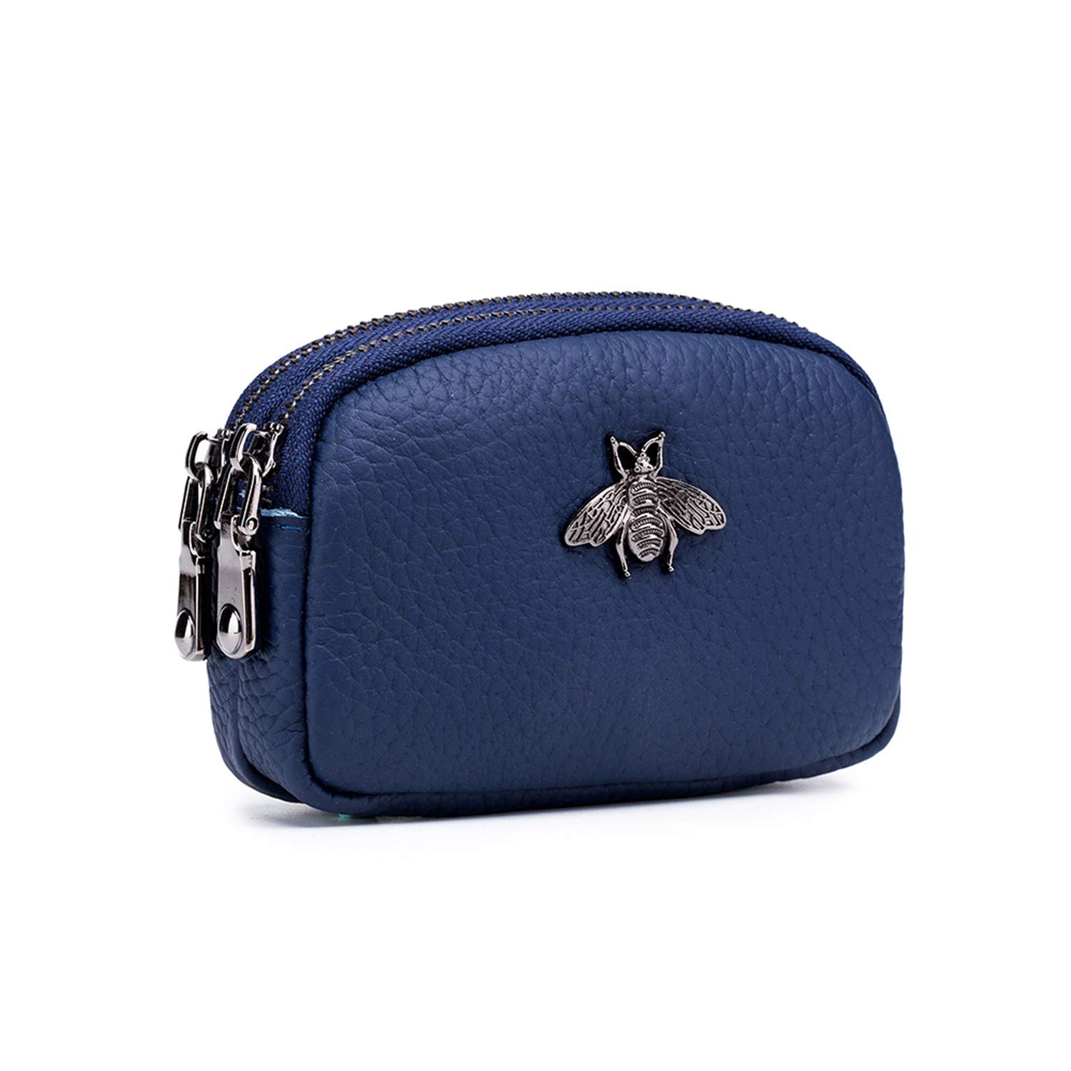 ZOONAI Genuine Leather Double Zipper Coin Purse Bee Change Pouch Credit Card Holder (Blue)