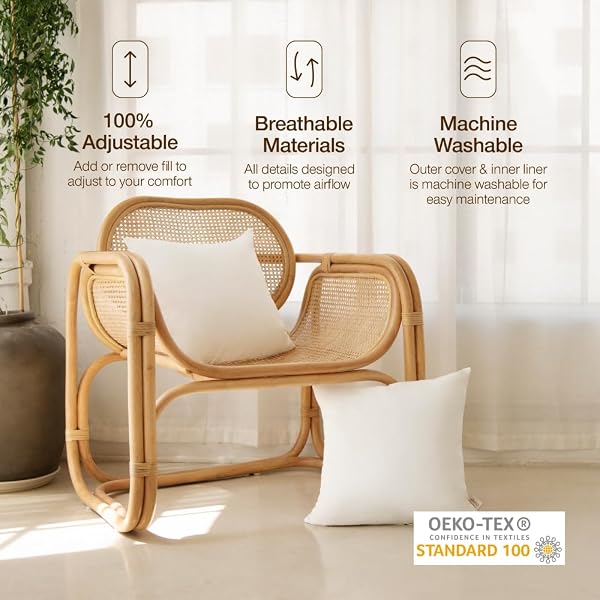 COOP HOME GOODS ESSENCE ADJUSTABLE THROW PILLOW INSERTS 20X20, SET OF 2, ADJUSTABLE DOWN ALTERNATIVE CUSHIONS FOR COUCH, BED, OR CHAIR, DECORATIVE SQUARE PILLOWS FOR LIVING ROOM, OEKO-TEX CERTIFIED