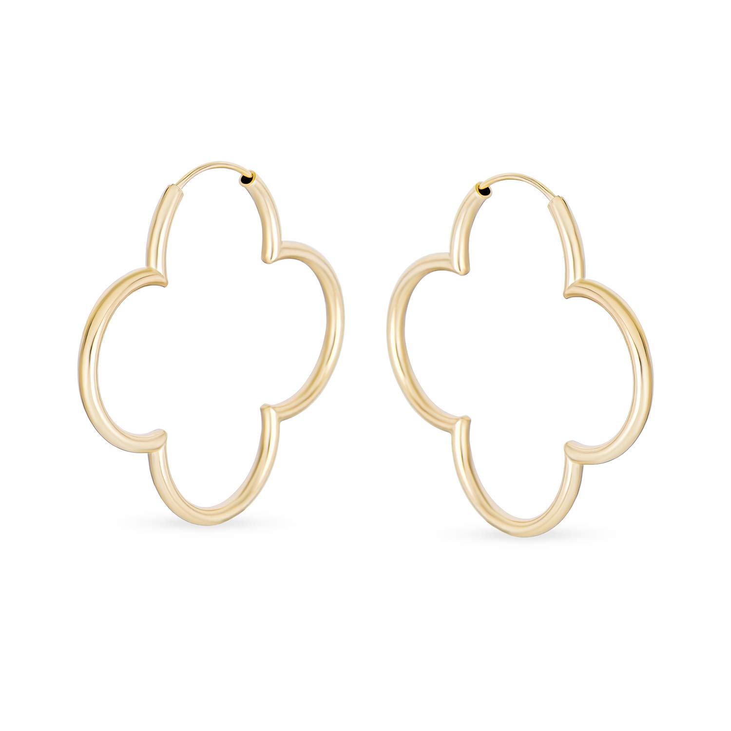Clover Flower Shaped Thin Tube Endless Hoop Earrings For Women Polished Gold Plated .925 Sterling Silver 1.5 In — image 1