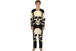 Qewfoju Gothic Winged Skull Print Men's Pajama Set Long-Sleeve Sleepwear 2 Piece Loungewear Pjs Set