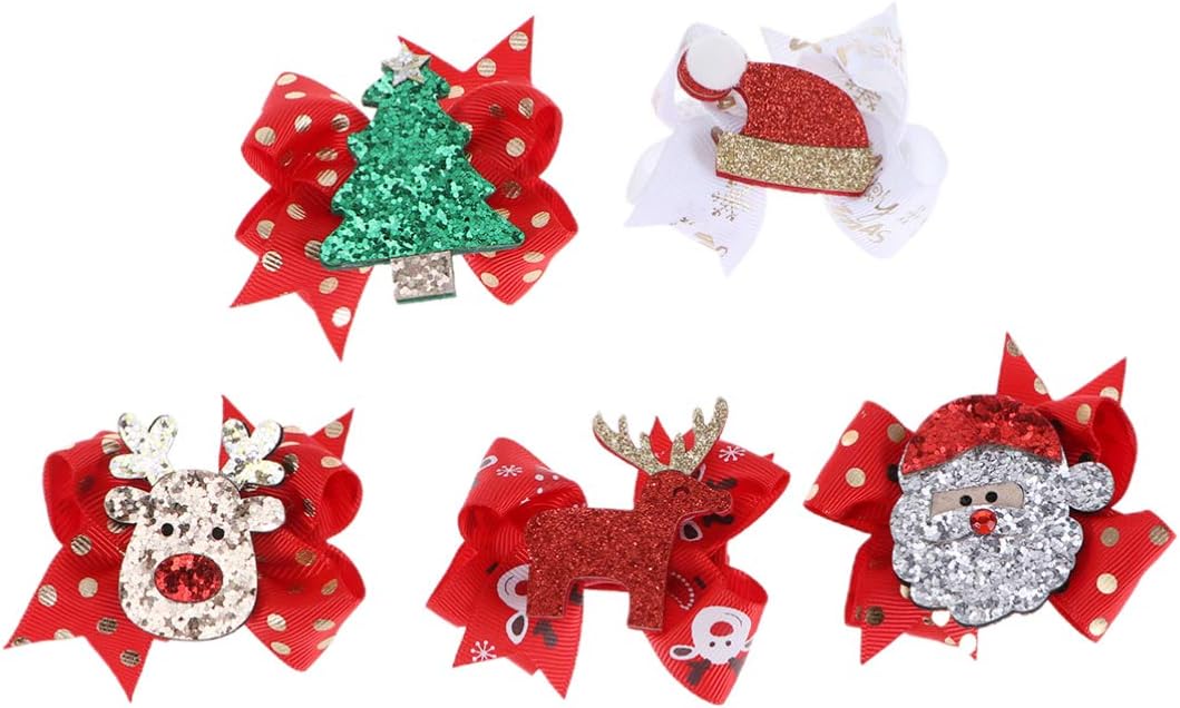 Lurrose Christmas Bow Hair Clip Elk Hairpin Sequin Hair Bow Grosgrain Clip for Girls Children Christmas Party Festival Hair Decor,5pcs
