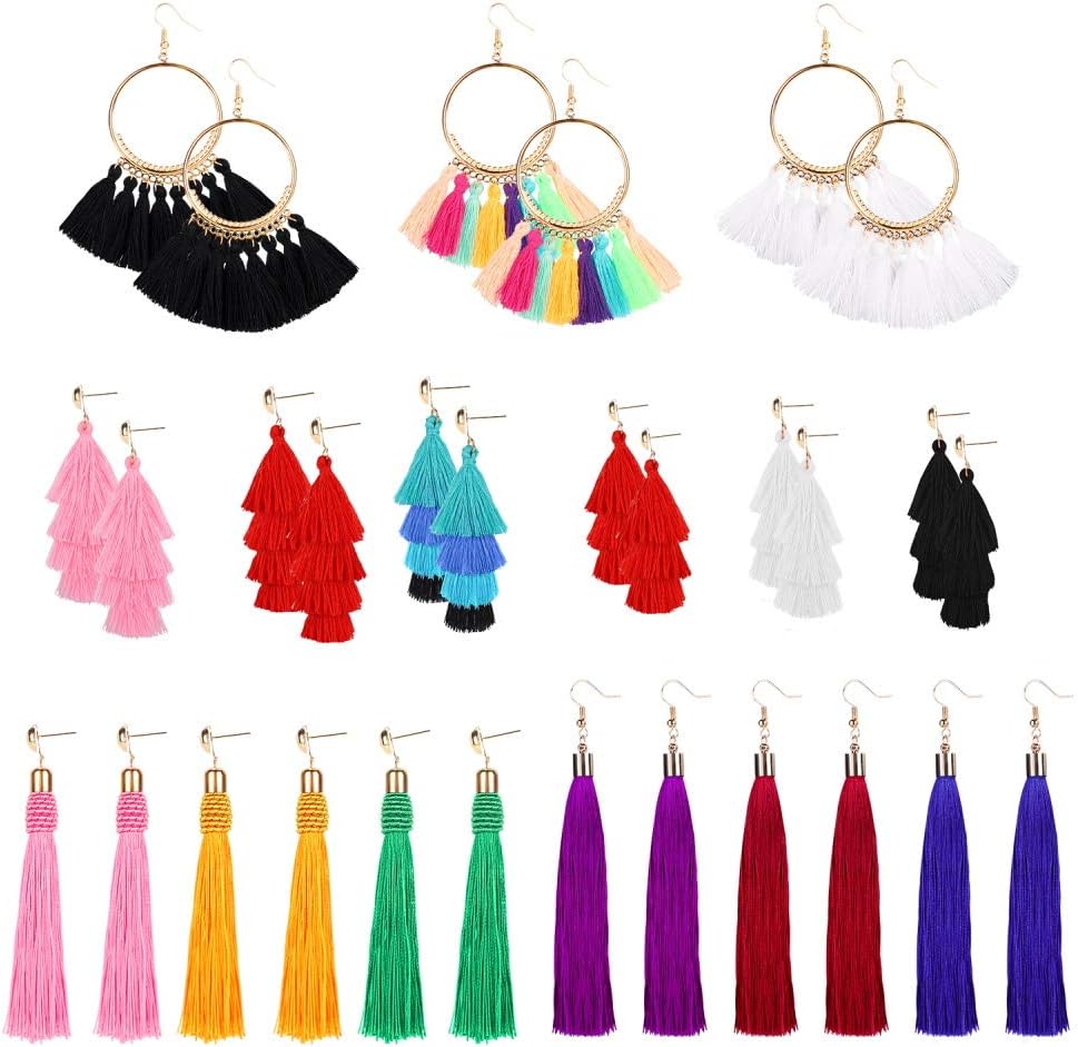 Tassel Earrings for Women - 15 Pack Colorful Bohemian Layered Fringe Earrings Set, Hoop Tiered Thread Long Layered Ball Dangle Drop Tassle Earrings Fashion Jewelry for Valentine Birthday Party Gift