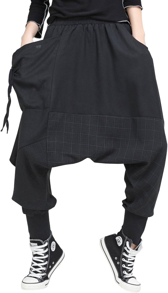 ELLAZHU Women Baggy Elastic Waist Harem Pants Drop Crotch Trousers GY1529 Black