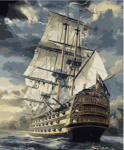 YEESAM ART DIY Paint by Numbers for Adults Beginner Warship Dark Cloud Sailing Boat Pirate Ship 16x20 inch Linen Canvas Acrylic Stress Less Number Painting for Home Wall Decor